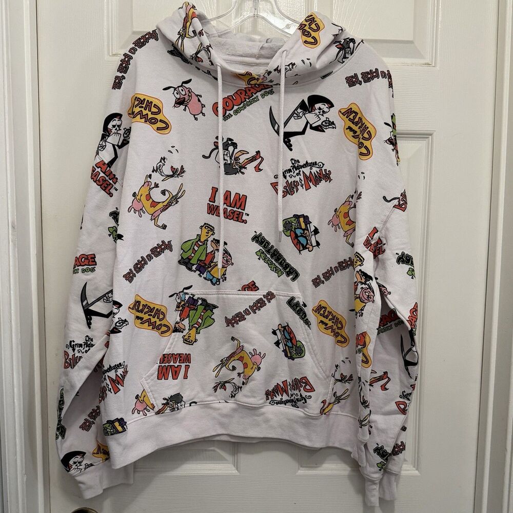Cartoon Network Mashup All Over Print Cow Chicken Hoodie White Sweatshirt Sz XL